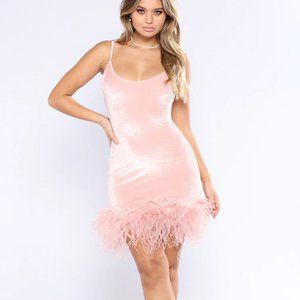 NWT Fashion Nova High School Reunion Feather Dress - Blush, Size Large
